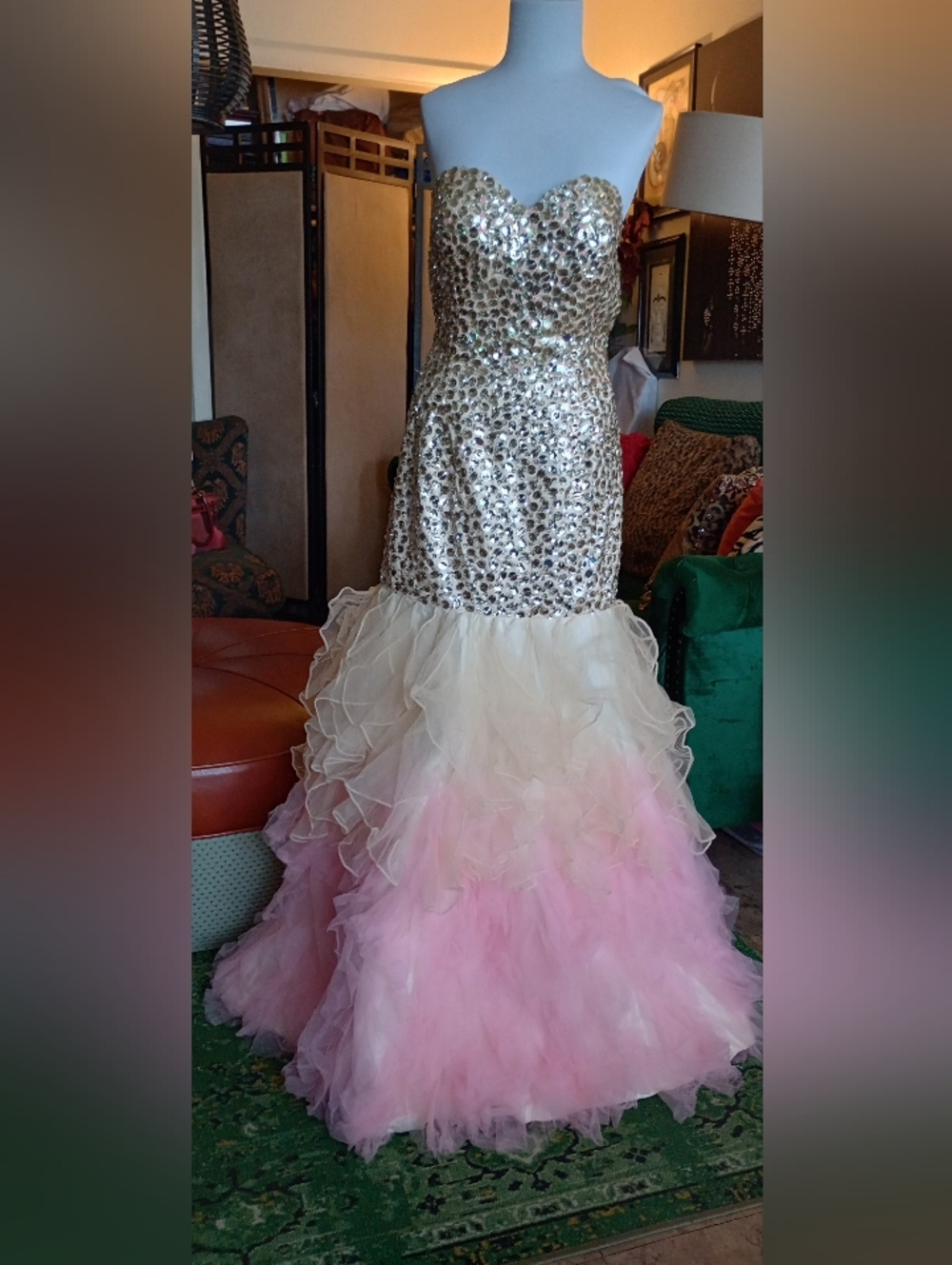Prom Wedding Event Party Beaded Rhinestone Gown Dress Pink White Silver Ombre
